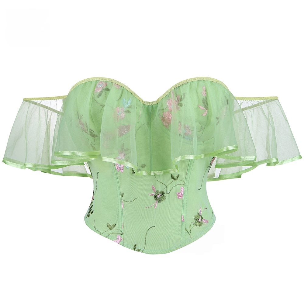 Floral Embroidered Off-Shoulder Corset Top -Sheer Overlay Bustier Waist Cincher